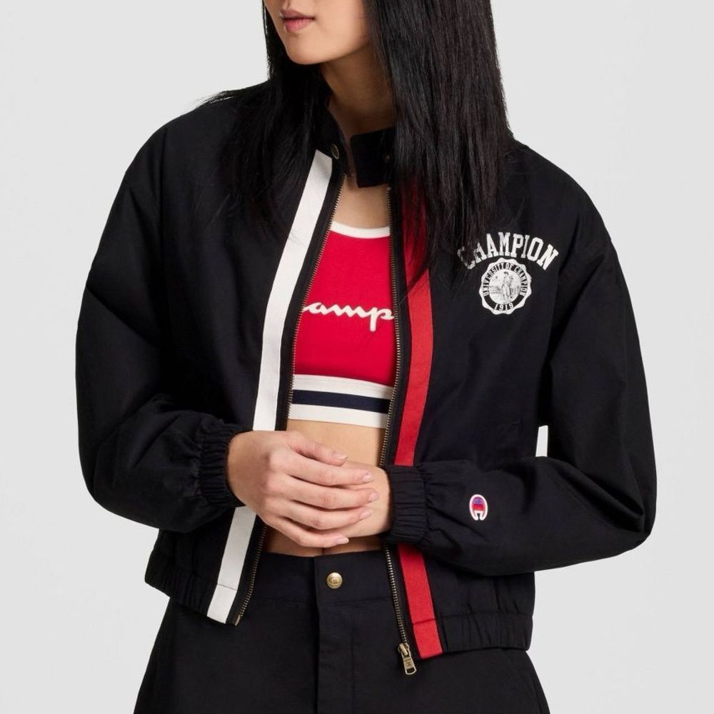 NWT $48 Champion Game Day Full Zip Top Black Cropped Jacket Red & White Trim